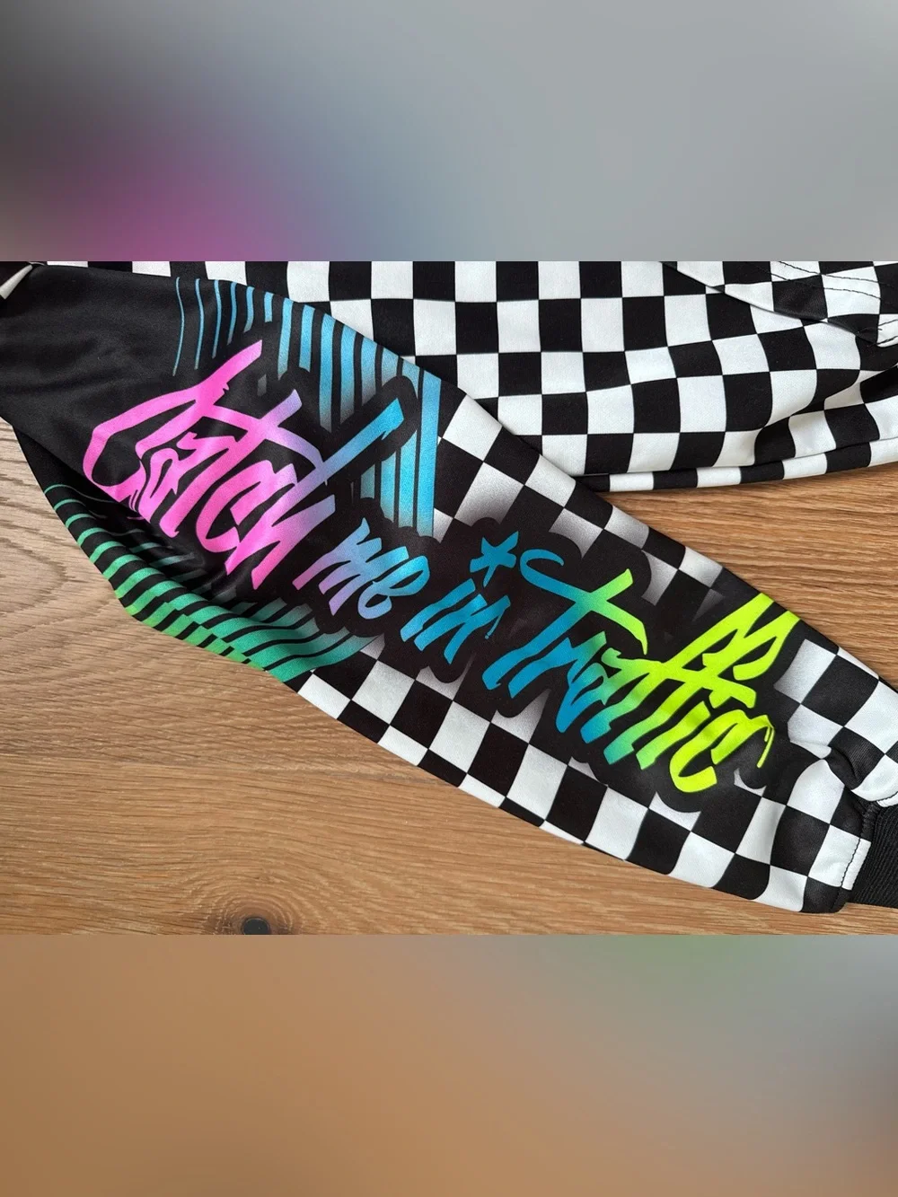 Checkerboard Hooded Sweatshirt with Neon Script CMIT Bike Catch Me in Traffic